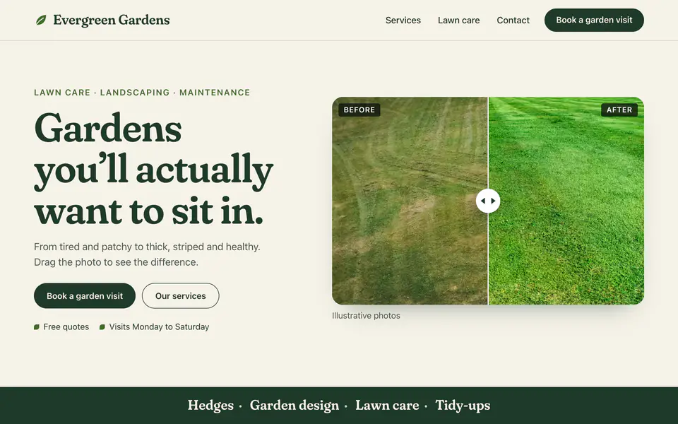 Evergreen Gardens concept website, desktop view