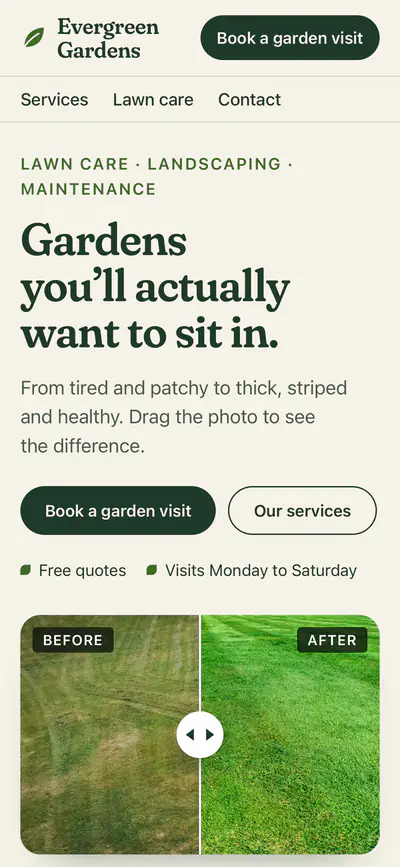 Evergreen Gardens concept website, phone view