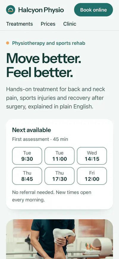 Halcyon Physio concept website, phone view