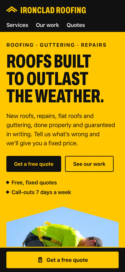 Ironclad Roofing concept website, phone view