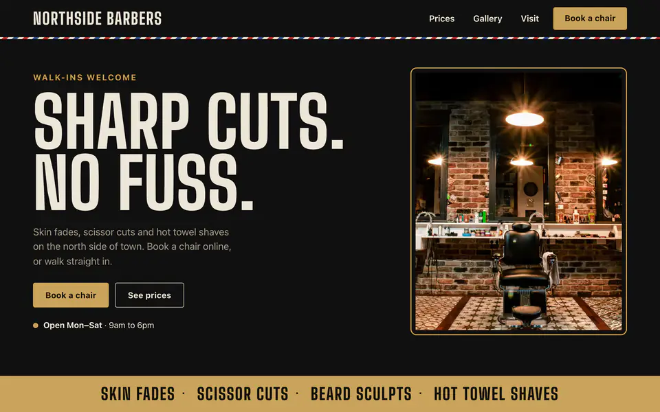 Northside Barbers concept website, desktop view