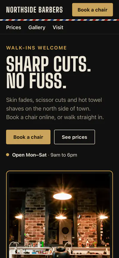 Northside Barbers concept website, phone view
