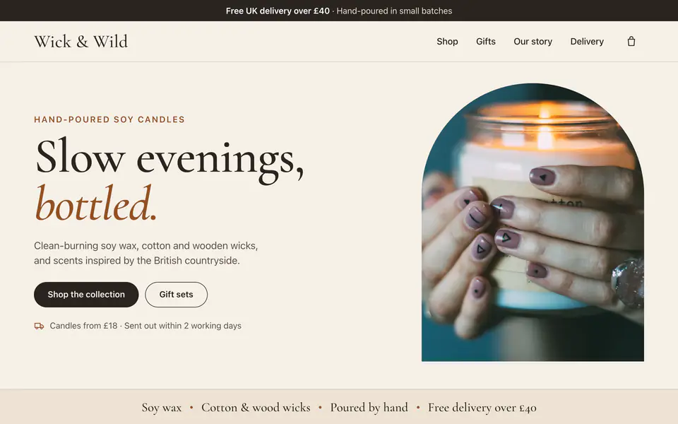 Wick & Wild concept website, desktop view