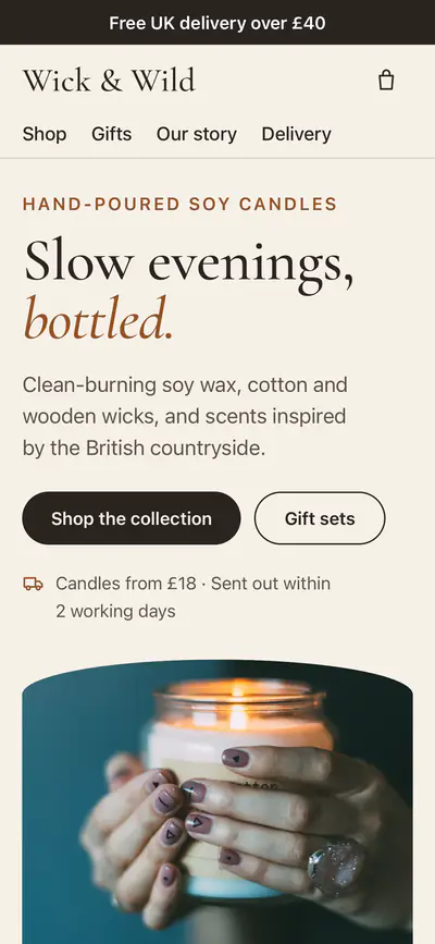Wick & Wild concept website, phone view