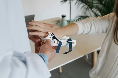 A clinician in a white coat fits a white wrist splint to a woman’s hand